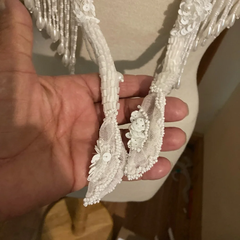 Source Unknown Ivory Beaded Fringe Bridal Shawl Scarf